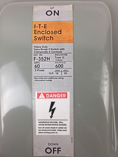 ITE F352H FUSIBLE SAFETY SWITCH 60 AMP 3POLE 600 VOLT WITH 3 60 AMP FUSE2