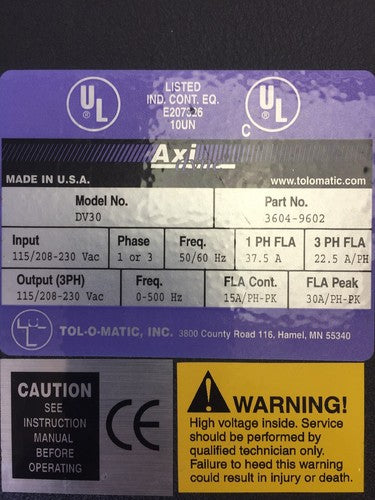 AXIOM DV30 SERVO DRIVE 115/208-230VAC 3PH 22.5A/PH 1