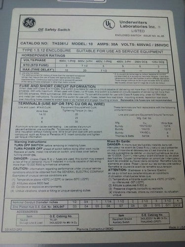 GE TH3361J MODEL 10 SAFETY SWITCH 3PH 30A 600V 20HP TYPE 1,5,12 ENCLOSURE2