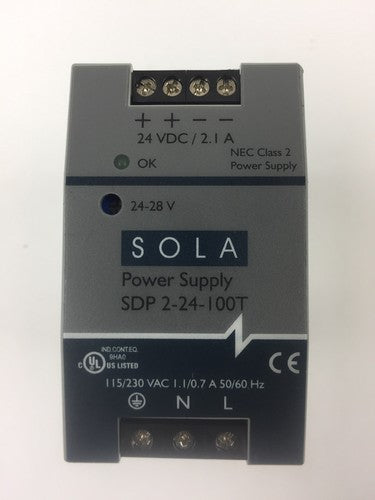 SOLA SDP 2-24-100T POWER SUPPLY INPUT 115/230 VAC 1.1/0.7 A OUTPUT 24 VDC 2.1 A0