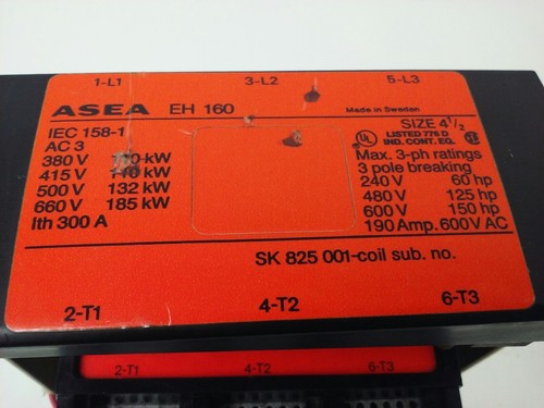 ASEA EH160 CONTACTOR 3PH 3P BREAKING 600V 150HP 190A SIZE 4 1/2 COIL 127V 60HZ1