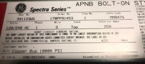 GE APNB1802FB Panelboard 1Ph 3Wire 120/240VAC APNB Bolt-On Style 250A1