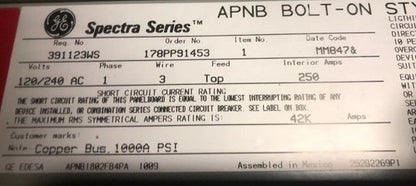 GE APNB1802FB Panelboard 1Ph 3Wire 120/240VAC APNB Bolt-On Style 250A1