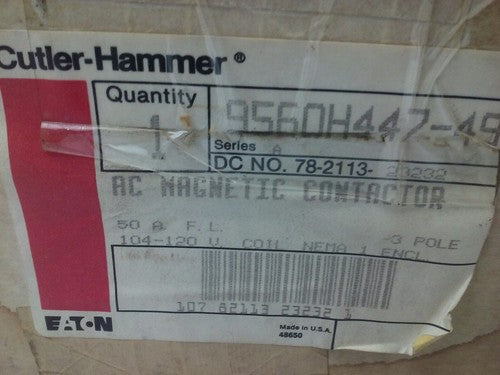 CUTLER HAMMER 9560H447-49 AC MAGNETIC CONTACTOR 9560H447A 50A 600V 3P 120V COIL1