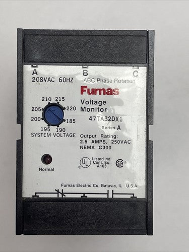 FURNAS 47TA32DX1 VOLTAGE MONITOR 208VAC 60HZ SER A OUTPUT 2.5A 250VAC NEMA C3000