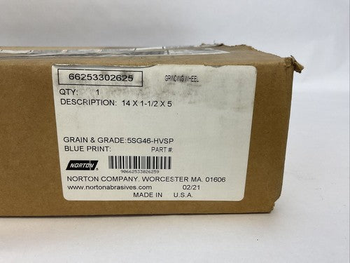 NORTON 66253302625 GRINDING WHEEL 14X1-1/2X5 GRAIN & GRADE 5SG46-HVSP BLUE PRINT0