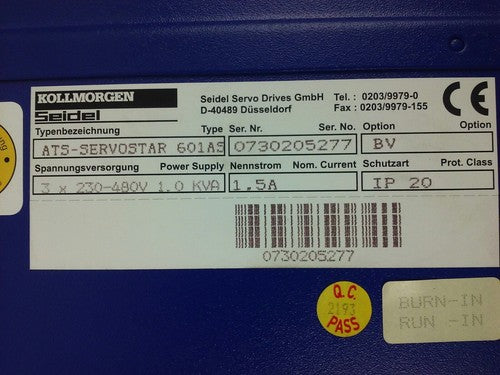 KOLLMORGEN ATS-SERVOSTAR 601AS 1.5A 230-480V 1.0KVA IP20 OPTION BV1