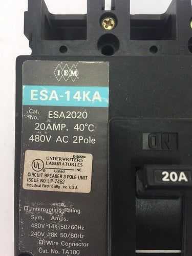 IEM ESA2020 CIRCUIT BREAKER 20AMP 480VAC 2 POLE INDUSTRIAL ELECTIC MFG1