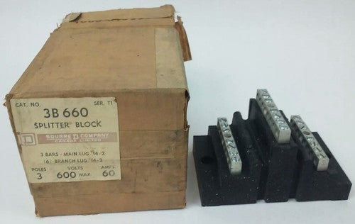 SQUARE D 3B 660 SPLITTER BLOCK 3B660, 3P, 600V, 60A, 3 BARS- MAIN LUG #14-2, NEW0