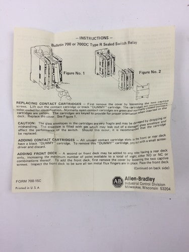 ALLEN BRADLEY 700-CR7 NOMALLY OPEN CONTACT CARTRIDGE TYPE RM RELAY SERIES A7