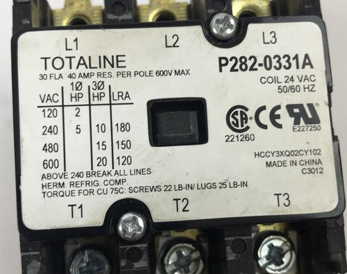 TOTALINE P282-0331A 40 AMP RES PER POLE 600V MAX 3 POLE COIL 24VAC 50/60HZ0