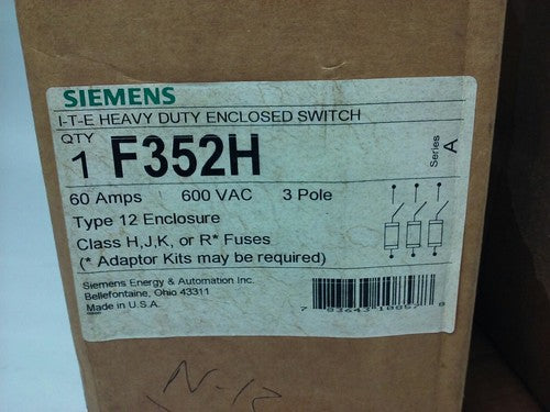 SIEMENS F352H, SER. A, 600VAC, 60A, 3PH, H.D. TYPE 12 ENCLOSED SWITCH INDOOR,NEW1