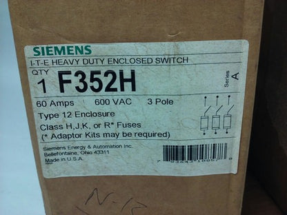 SIEMENS F352H, SER. A, 600VAC, 60A, 3PH, H.D. TYPE 12 ENCLOSED SWITCH INDOOR,NEW1