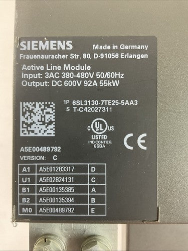 SIEMENS 1P 6SL3130-7TE25-5AA3 ACTIVE LINE MODULE OUTPUT DC 600V 92A 55kW INPUT1