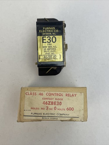 FURNAS 46ZBE30 CONTACT BLOCK 600VAC 10AMP PILOT DUTY 3N.O.0