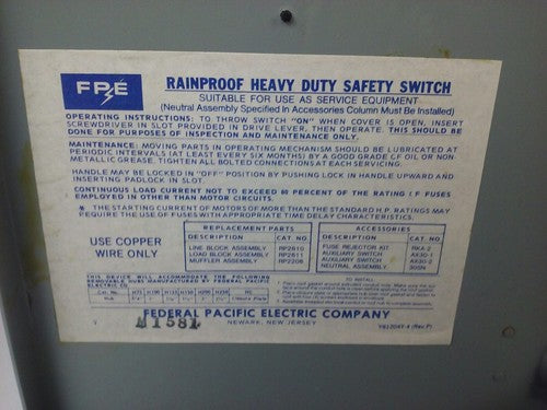 FPE RH1336R FUSIBLE SAFETY SWITCH 3P, 30A, 600VAC,3 WIRE,3 BLADES,20HP RAINPROOF4