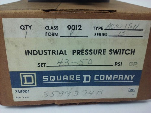 SQUARE D 9012 ACW1S11 SER.B, PRESSURE SWITCH, SET 43-50 PSI, FORM V, 9012 ACW11