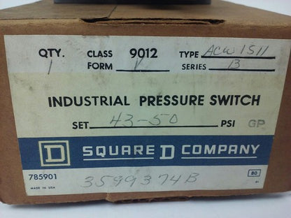 SQUARE D 9012 ACW1S11 SER.B, PRESSURE SWITCH, SET 43-50 PSI, FORM V, 9012 ACW11