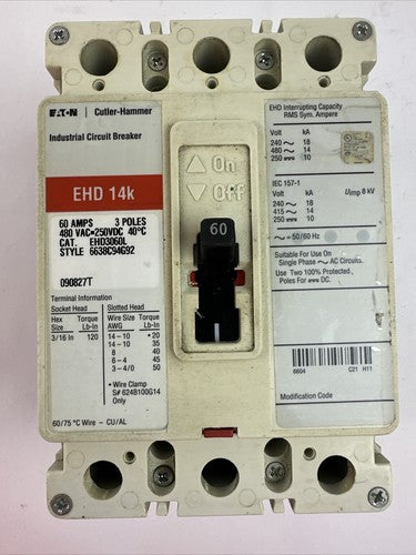 EATON CUTLER HAMMER EHD3060L 60AMP 480VAC 250VDC 3P INDUSTRIAL CIRCUIT BREAKER0