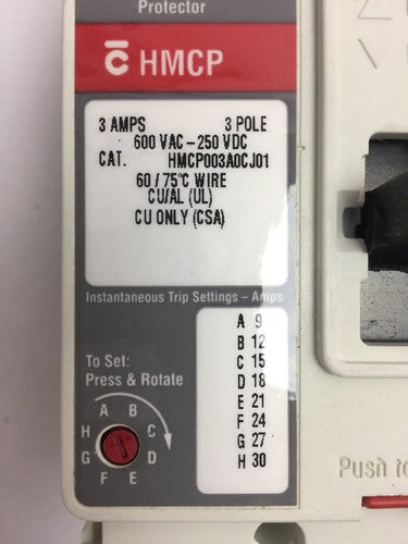 CUTLER-HAMMER HMCP003A0CJ01 MOTOR CIRCUIT PROTECTOR 600VAC 250VDC 3AMP SERIES C2