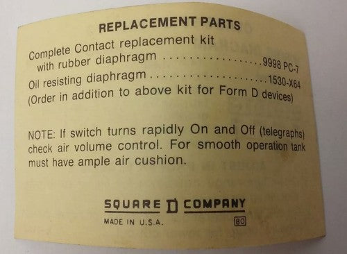 SQUARE D 9013 FYG2 PRESSURE SWITCH, 60-80PSI, 2P, 3PH, 115/230/32V, 3HP6