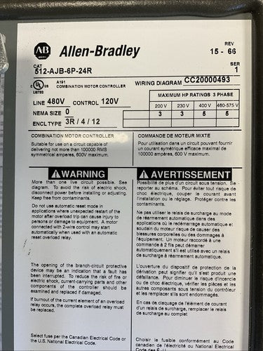 ALLEN BRADLEY 512-AJB-6P-24R COMBINATION STARTER SIZE 0 TYPE 3R, 4, 121
