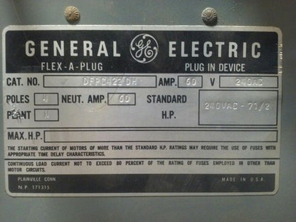 GE DFPC422DH BUS PLUG 4P 60A 240V W/ DH1P42 4P 30-60A TYPE DH1 600V FLEX A PLUG1