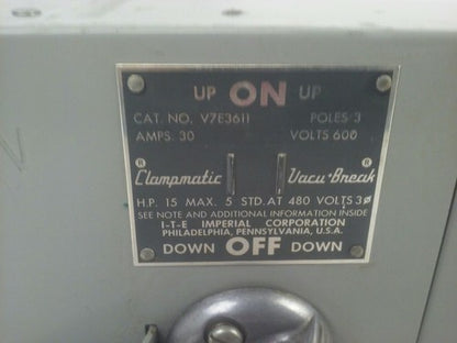 ITE V7E3611 TWIN PANNELBOARD VACU BREAK CLAMPMATIC SWITCH 3P 3PH 30A 600V 20HP1