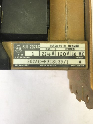 ALLEN BRADLEY 202AC-F718039/1 DC CONTACTOR 250VDC 3NO-1NC 71A86 COIL 120V 60HZ3