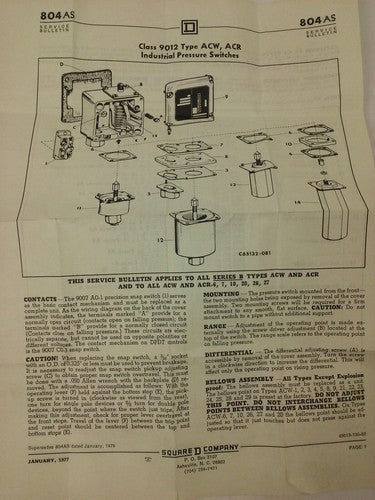 SQUARE D 9012 ACW5-S35 SERIES B, PRESSURE SWITCH, SET 6-10 PSI, 9012 ACW, 600V7