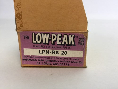 BUSSMAN LOW-PEAK LPN-RK 20 DUAL ELEMENT TIME-DELAY FUSE 250VAC 20A (BOX OF 10)1