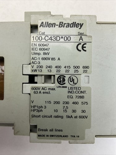 ALLEN BRADLEY 100-C43D*00 CONTACTOR SER A 600VAC 63A 3PH 30HP COIL 24VDC 100-F1