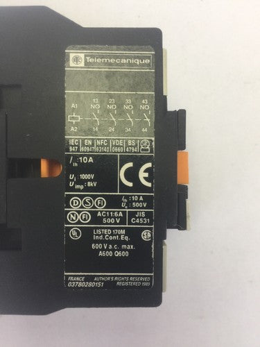 TELEMECANIQUE CA3 DN 40 CONTACTOR 600VAC 10A COIL 24VDC1