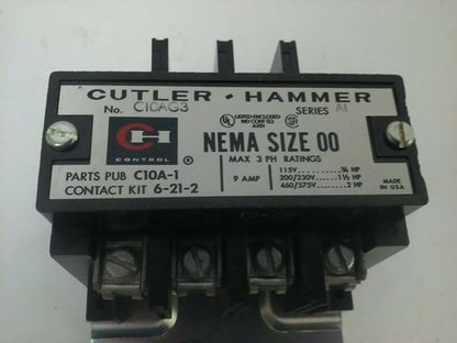 CUTLER HAMMER C10AG3 SER.A1 CONTACTOR 3PH 575V 9A 2HP SIZE 00 120V COIL2