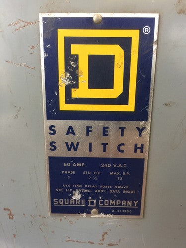 SQUARE D H322 FUSIBLE SAFETY SWITCH SERIES A1 240VAC 60AMP 15HP 3 POLE1