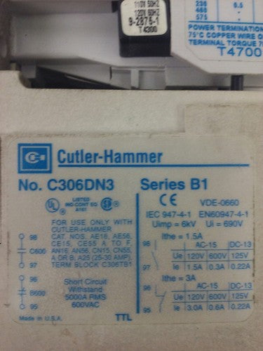 CUTLER HAMMER CE15ANS3, CONTACTOR, 7A, 600V, 3PH, 3P, 5H.P., W/ C306DN3, USED3