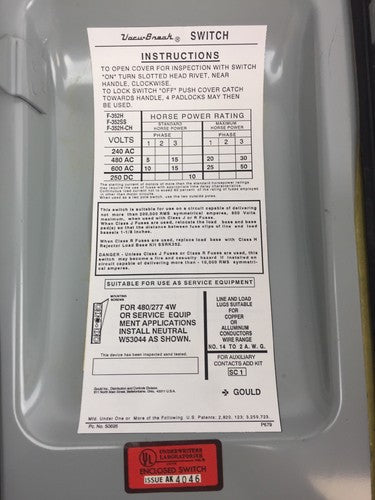 ITE F352H FUSIBLE SAFETY SWITCH 60 AMP 3POLE 600 VOLT WITH 3 60 AMP FUSE7