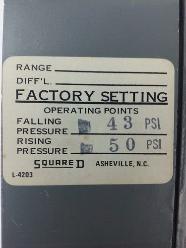 SQUARE D 9012 ACW1S11 SER.B, PRESSURE SWITCH, SET 43-50 PSI, FORM V, 9012 ACW13