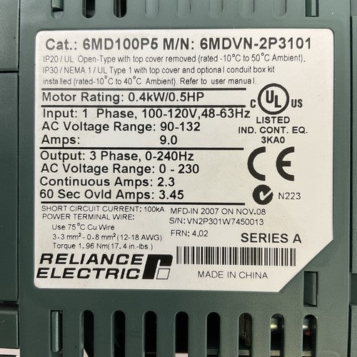RELIANCE ELECTRIC 6MD100P5 AC DRIVE OUTPUT 3PH 0-230VAC INPUT 1PH 100-120VAC1