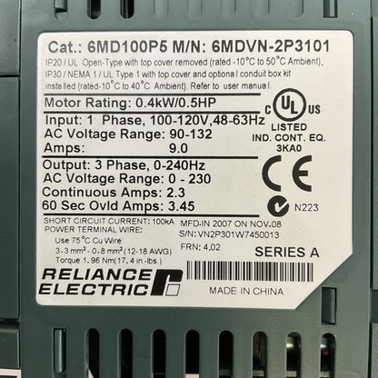 RELIANCE ELECTRIC 6MD100P5 AC DRIVE OUTPUT 3PH 0-230VAC INPUT 1PH 100-120VAC1