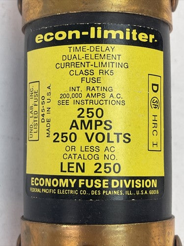 ECONOMY LEN 250 ECON-LIMITER FUSE 250A 250VAC TIME DELAY DUAL ELEMENT CURRENT1