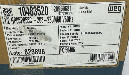 WEG HP06PB56C-208 MOTOR 3PHASE 230/460V 1160RPM 1/2HP 60HZ FRAME B56C3