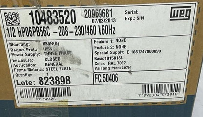WEG HP06PB56C-208 MOTOR 3PHASE 230/460V 1160RPM 1/2HP 60HZ FRAME B56C3