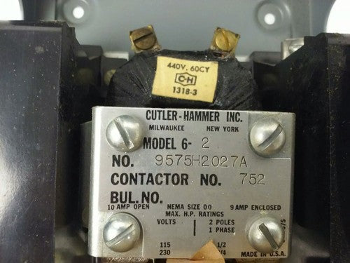 CUTLER HAMMER, 9575H2027, MAGNETIC A.C. RELAY,440V,60HZ,2P, SIZE 00, 9575H, NEW4