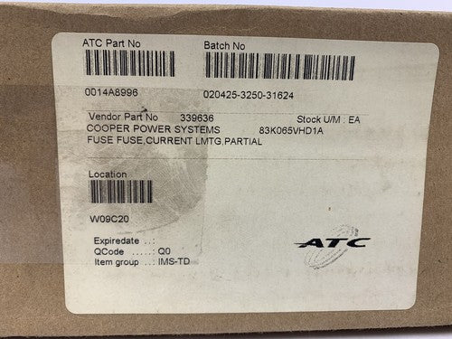 COOPER / COMBINED TECHNOLOGIES 83K065VHD1A X-LIMITER BACKUP FUSE / 8.3kV / 65A3