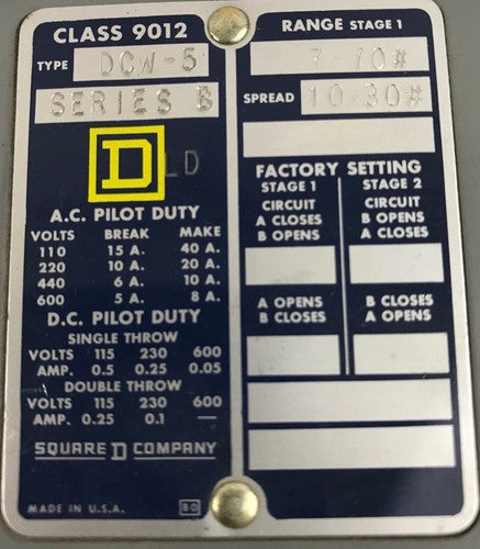 Square D Pressure Switch, 35-45 psi, class 9012, type DCW5, Series B2