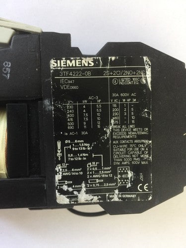 SIEMENS 3TF4222-0B CONTACTOR 15HP 600VAC 30A 2S+2O/2NO+2NC COIL 24VDC1