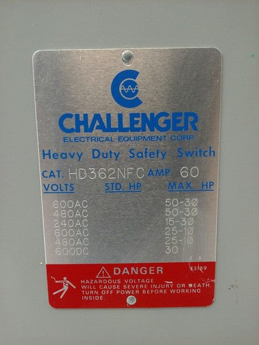 CHALLENGER HD362NFC, SAFETY SWITCH, TYPE 1 INDOOR, 60A, 600VAC/600DC, 3P, USED1