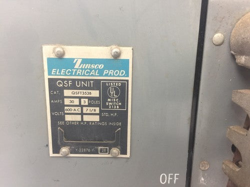 ZINSCO QSFT353B TWIN PANELBOARD FUSIBLE 30AMP 600VAC 3 POLE 7 1/8 HP1