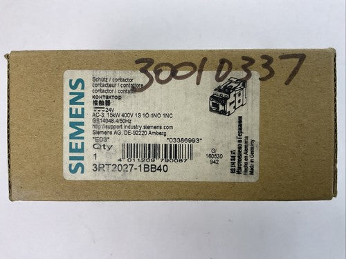 SIEMENS 3RT2027-1BB40 CONTACTOR AC-3 400V 15kW 1S 1NO 1NC COIL 24VDC0